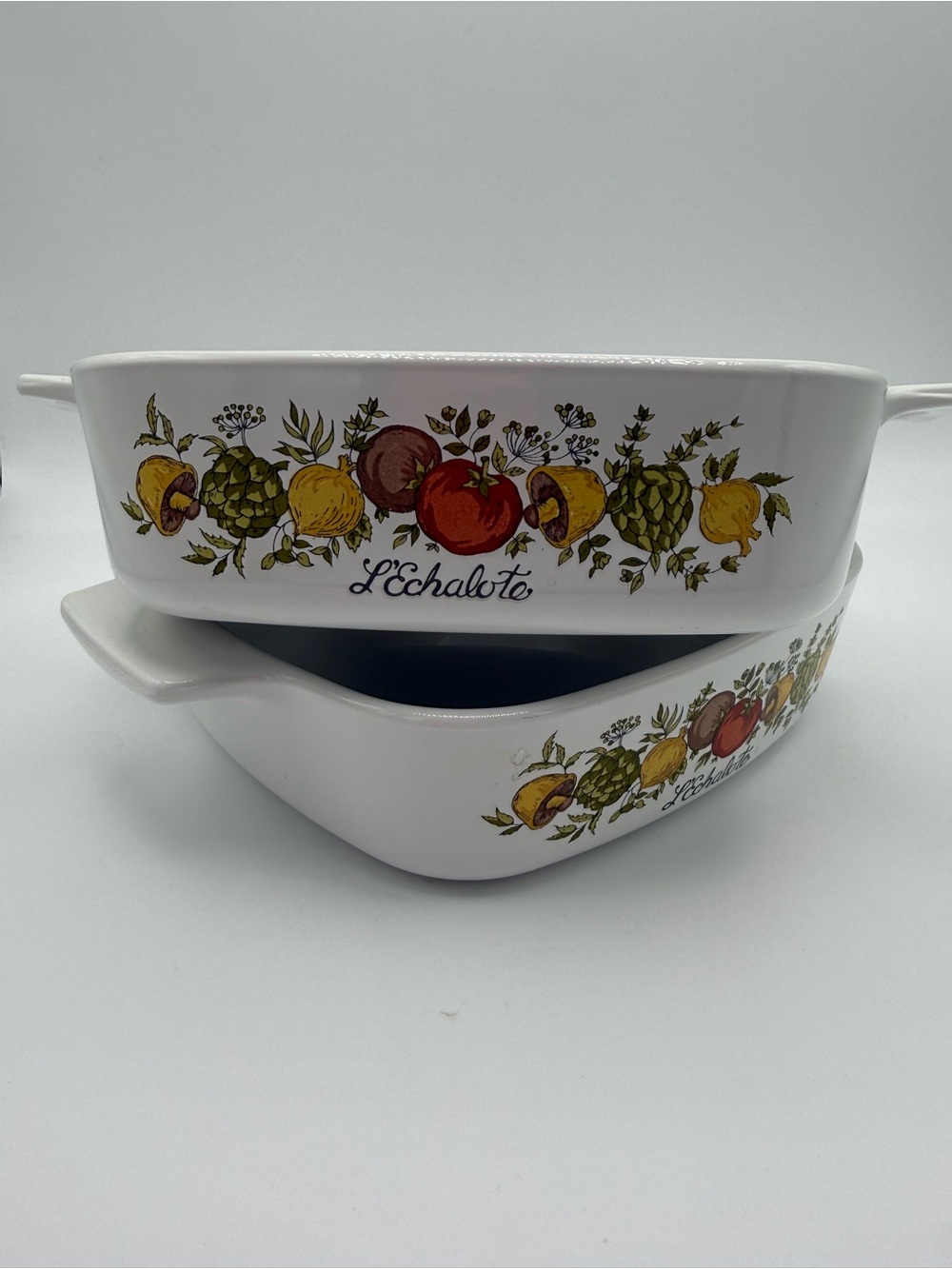 L’Echalote Corningware  White Ceramic Baking Dish with Fruit Motif -2 set